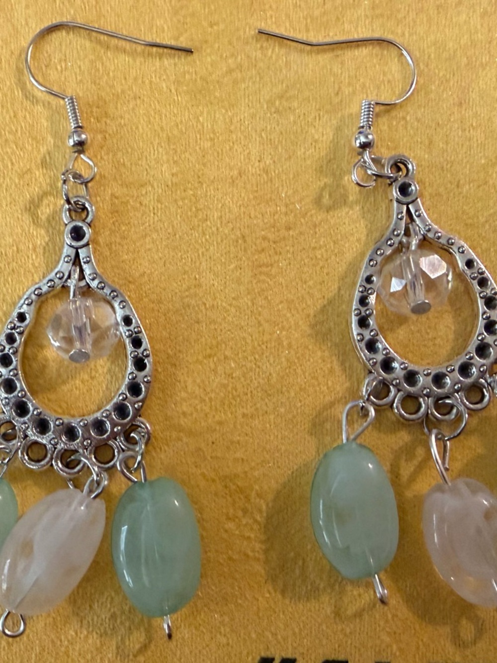 Handmade Silver-Tone Dangle Earrings with Pale Green and Cream Beads